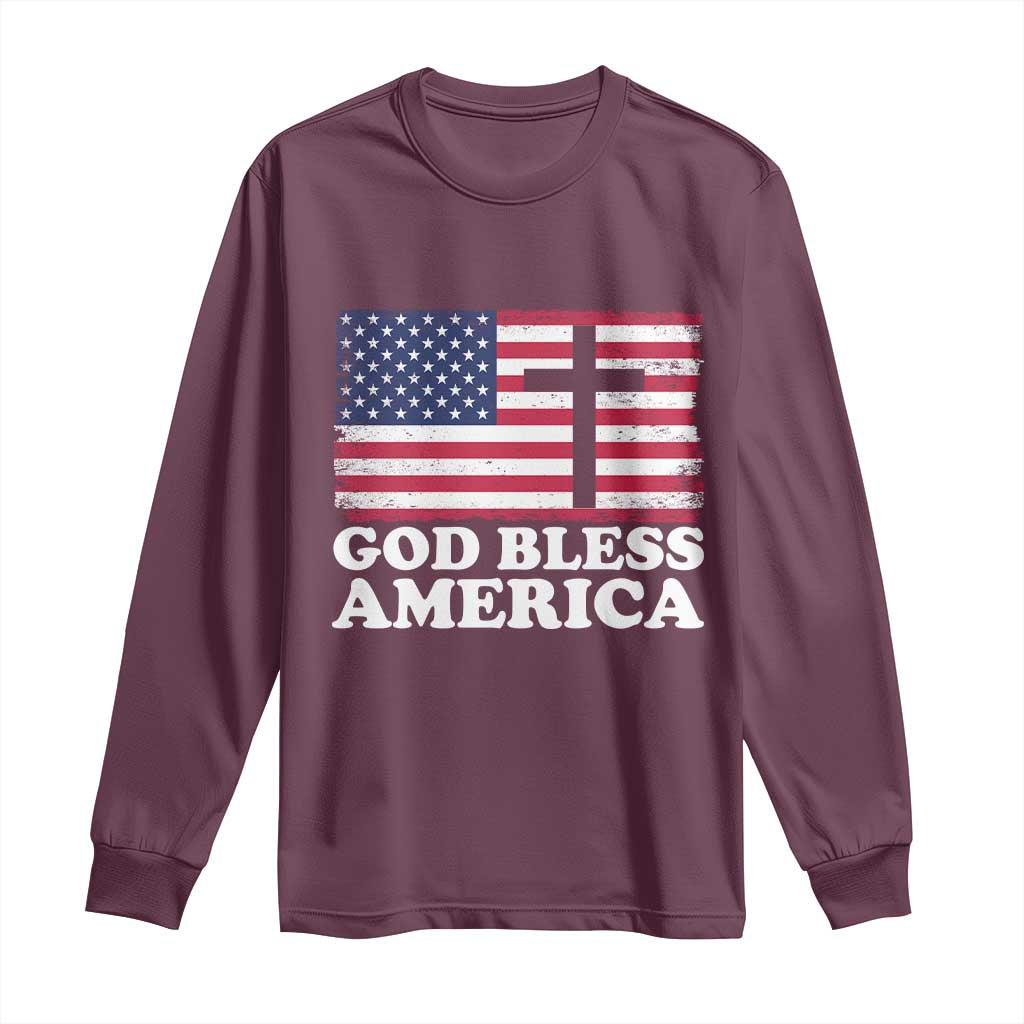 God Bless America Long Sleeve Shirt Cross USA Flag Patriotic 4th of July Christian - Wonder Print Shop