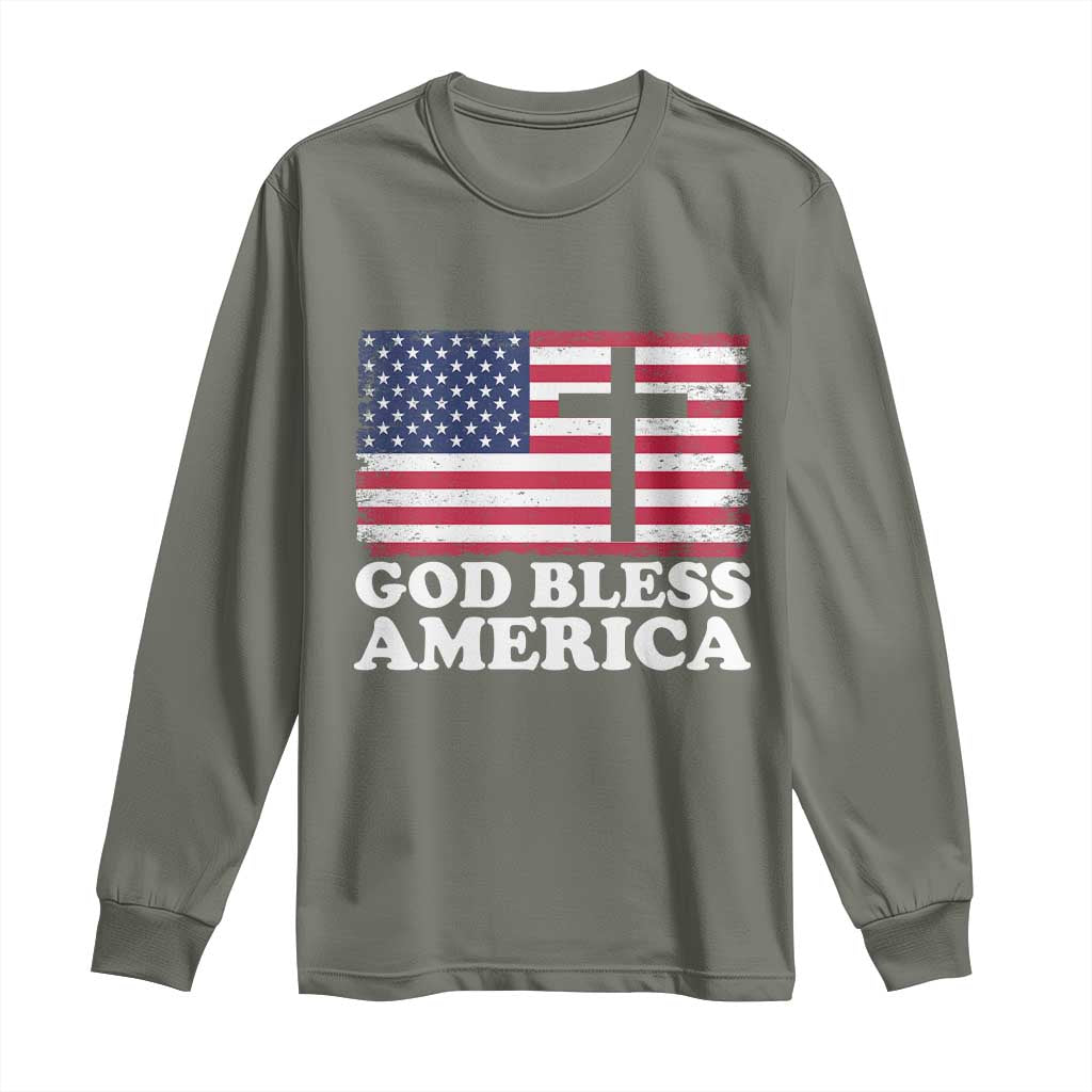 God Bless America Long Sleeve Shirt Cross USA Flag Patriotic 4th of July Christian - Wonder Print Shop