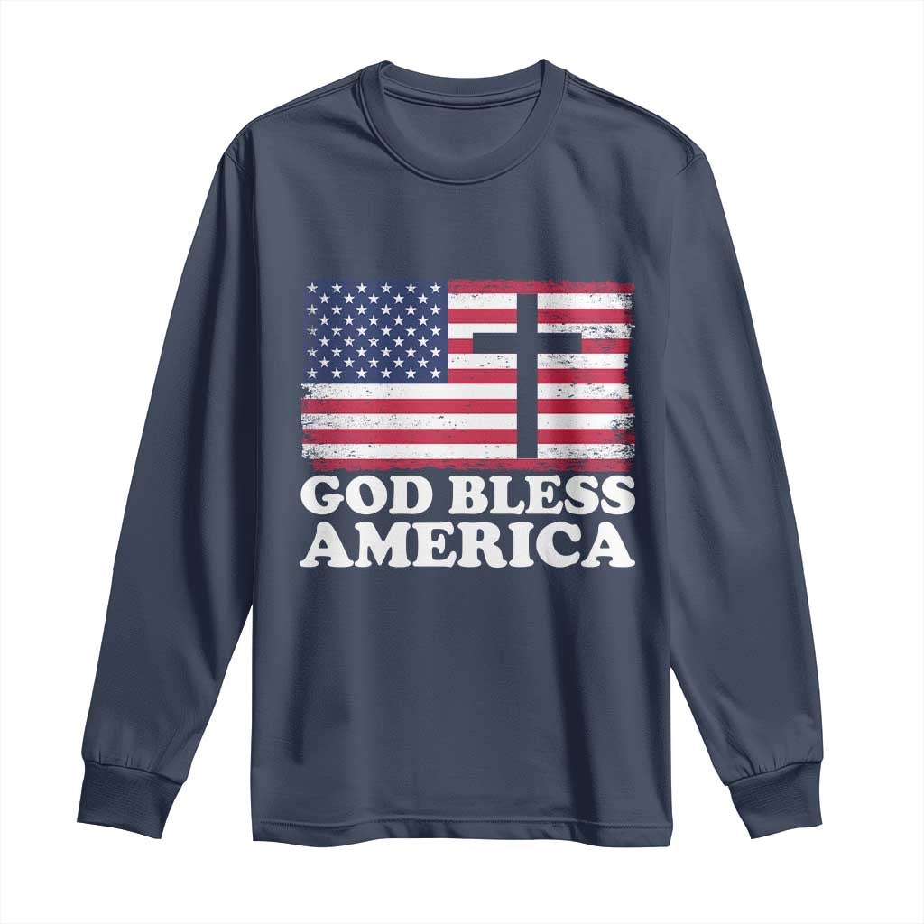 God Bless America Long Sleeve Shirt Cross USA Flag Patriotic 4th of July Christian - Wonder Print Shop