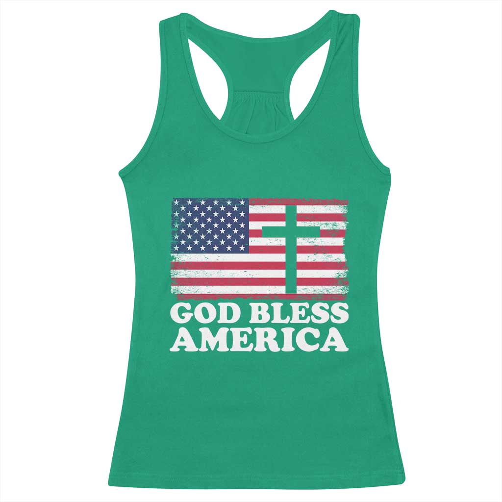 God Bless America Racerback Tank Top Cross USA Flag Patriotic 4th of July Christian - Wonder Print Shop
