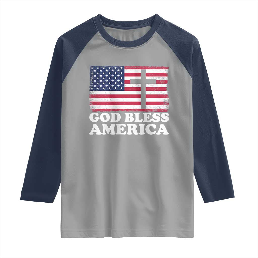 God Bless America Raglan Shirt Cross USA Flag Patriotic 4th of July Christian - Wonder Print Shop