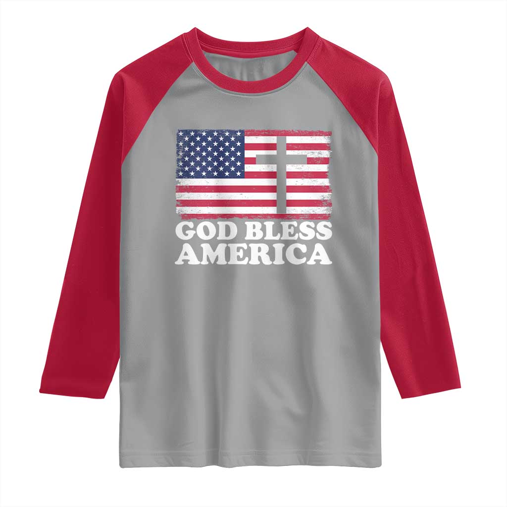 God Bless America Raglan Shirt Cross USA Flag Patriotic 4th of July Christian - Wonder Print Shop