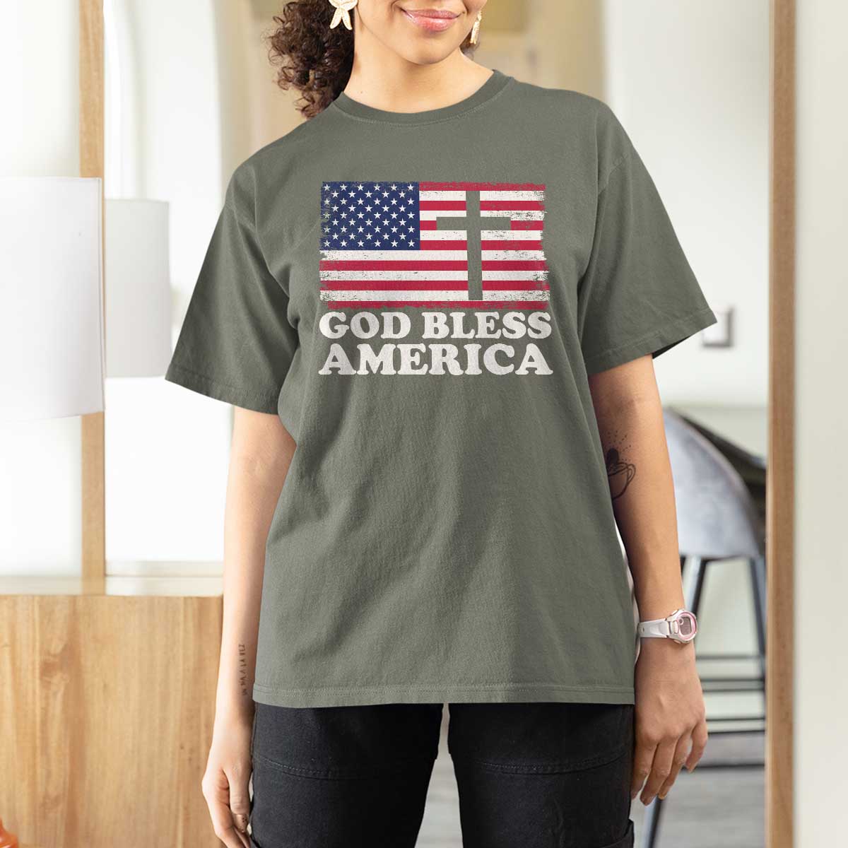 God Bless America T Shirt For Women Cross USA Flag Patriotic 4th of July Christian - Wonder Print Shop