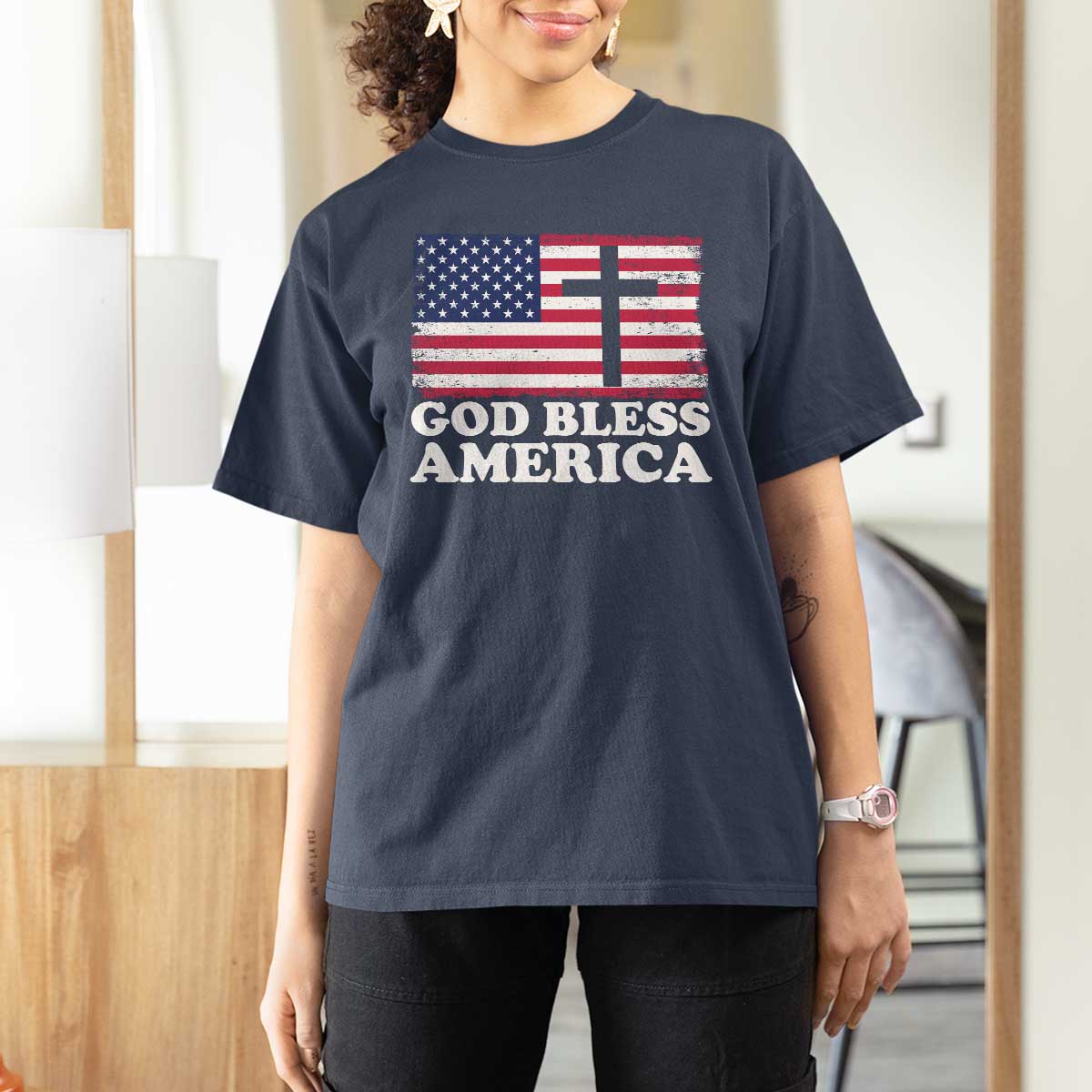 God Bless America T Shirt For Women Cross USA Flag Patriotic 4th of July Christian - Wonder Print Shop