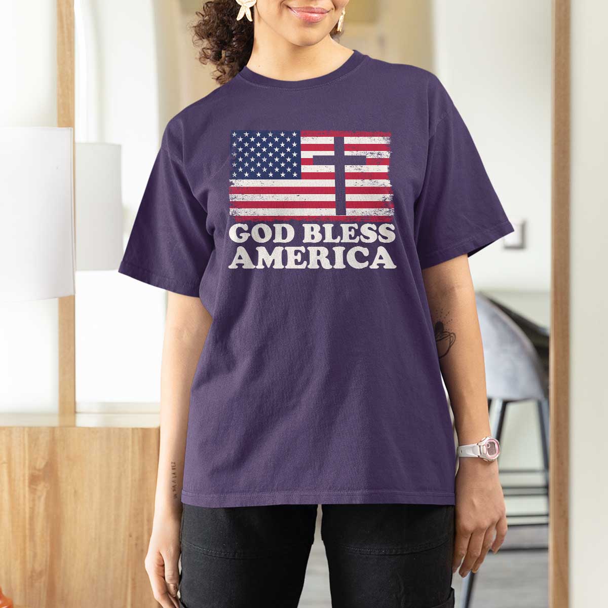God Bless America T Shirt For Women Cross USA Flag Patriotic 4th of July Christian - Wonder Print Shop