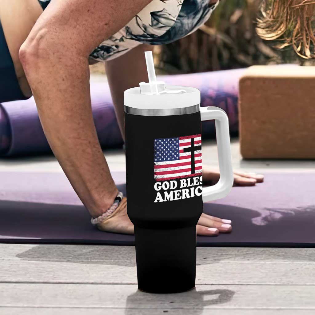 God Bless America Tumbler With Handle Cross USA Flag Patriotic 4th of July Christian - Wonder Print Shop