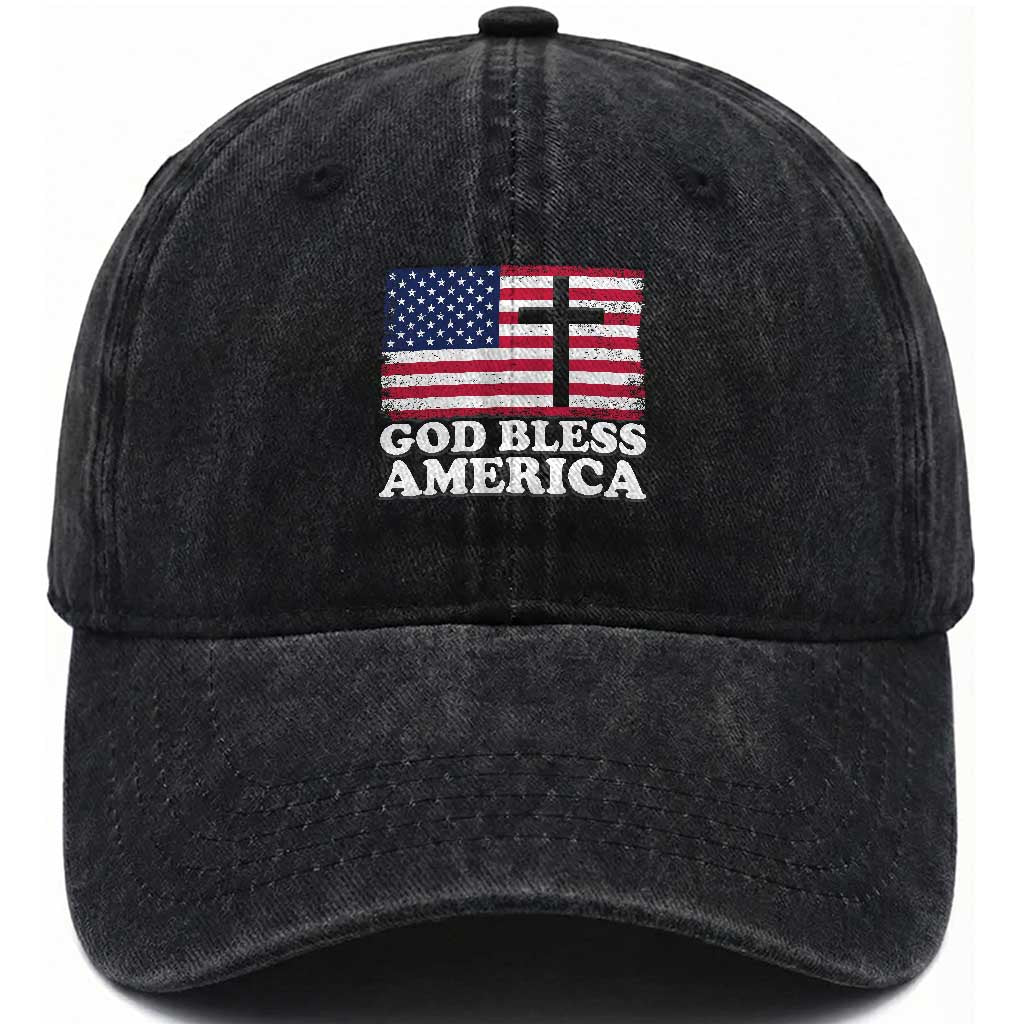 God Bless America Washed Cotton Baseball Cap Cross USA Flag Patriotic 4th of July Christian