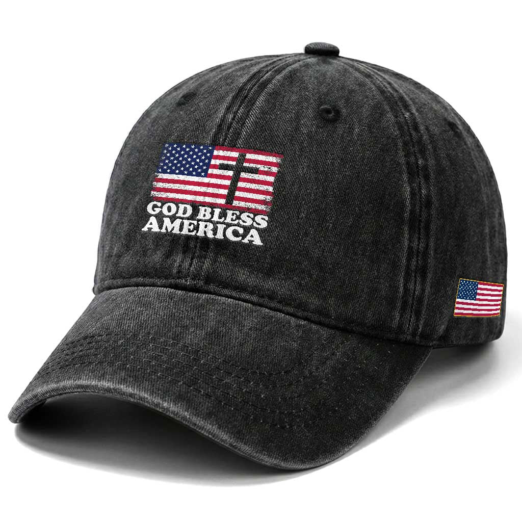 God Bless America Washed Cotton Baseball Cap Cross USA Flag Patriotic 4th of July Christian