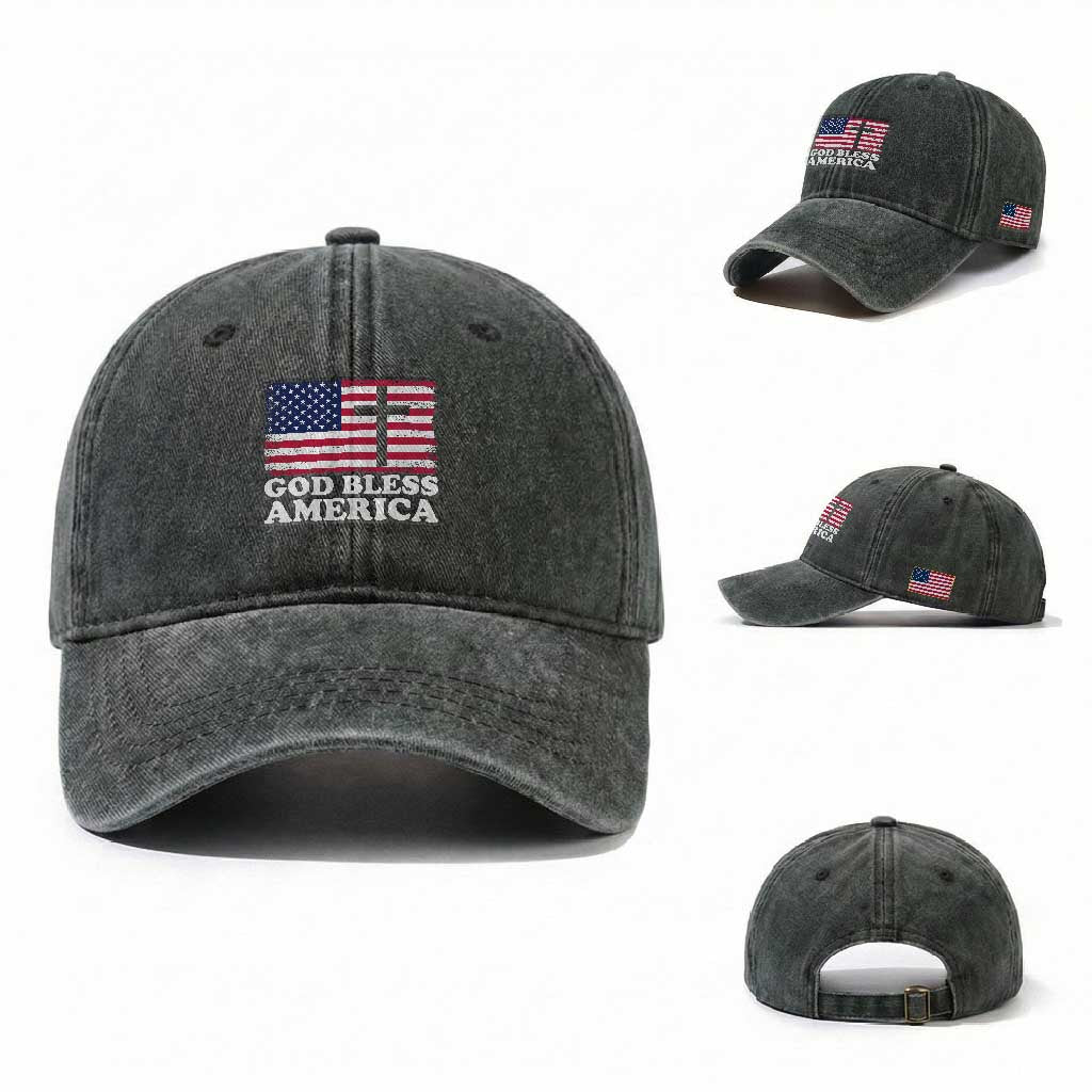 God Bless America Washed Cotton Baseball Cap Cross USA Flag Patriotic 4th of July Christian