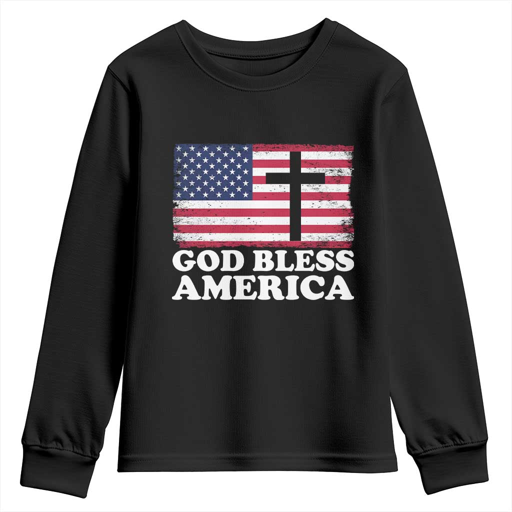 God Bless America Youth Sweatshirt Cross USA Flag Patriotic 4th of July Christian - Wonder Print Shop