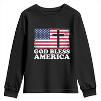 God Bless America Youth Sweatshirt Cross USA Flag Patriotic 4th of July Christian - Wonder Print Shop