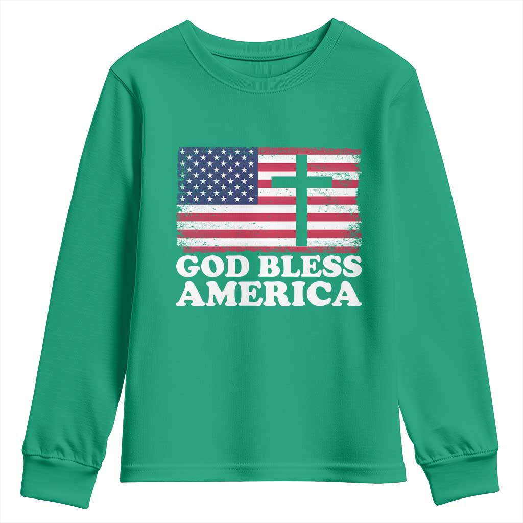 God Bless America Youth Sweatshirt Cross USA Flag Patriotic 4th of July Christian - Wonder Print Shop