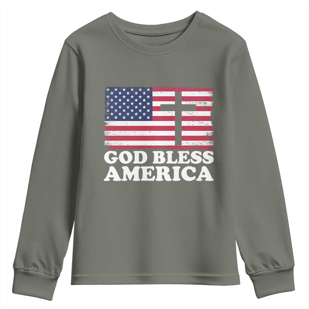 God Bless America Youth Sweatshirt Cross USA Flag Patriotic 4th of July Christian - Wonder Print Shop