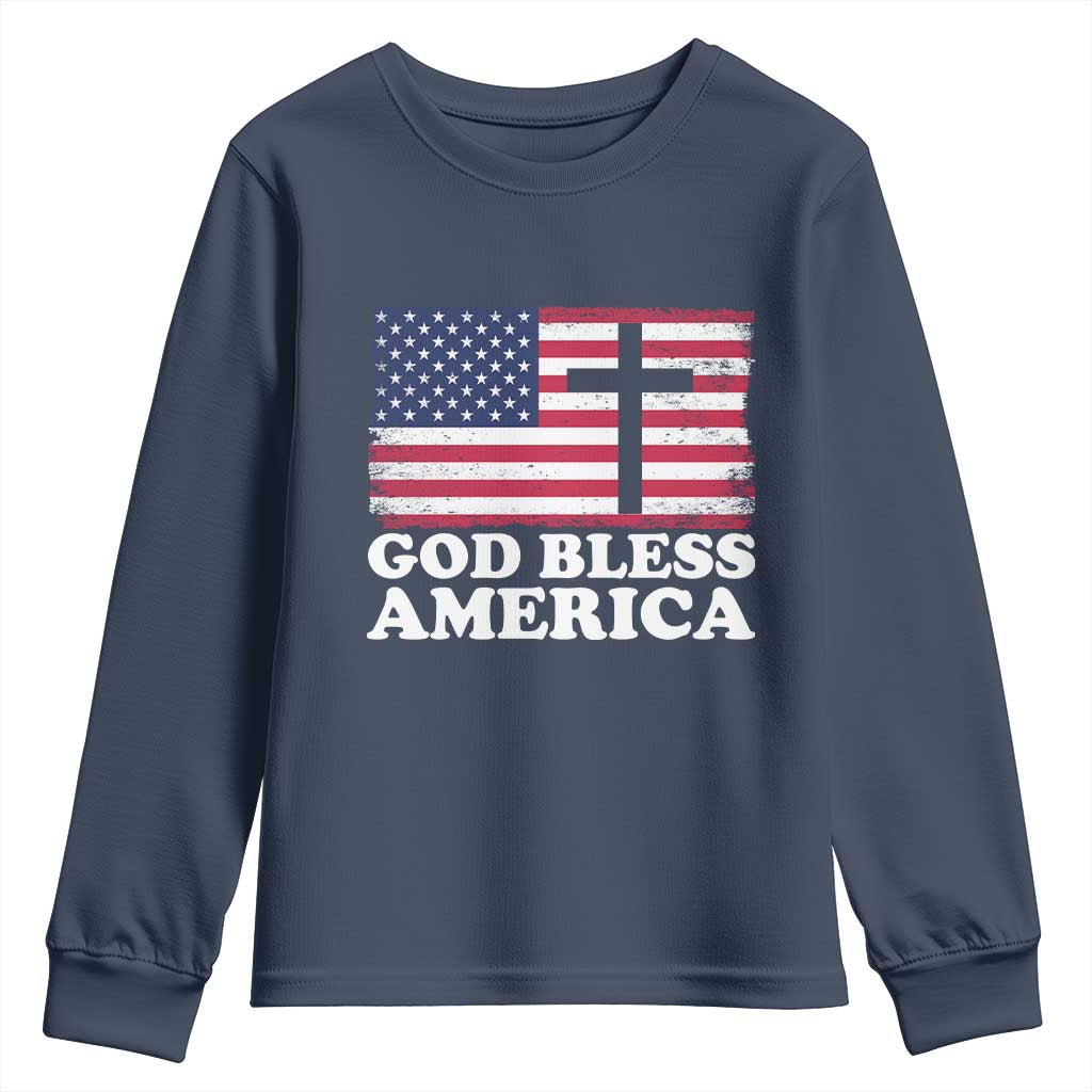God Bless America Youth Sweatshirt Cross USA Flag Patriotic 4th of July Christian - Wonder Print Shop