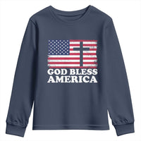 God Bless America Youth Sweatshirt Cross USA Flag Patriotic 4th of July Christian - Wonder Print Shop