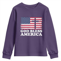 God Bless America Youth Sweatshirt Cross USA Flag Patriotic 4th of July Christian - Wonder Print Shop