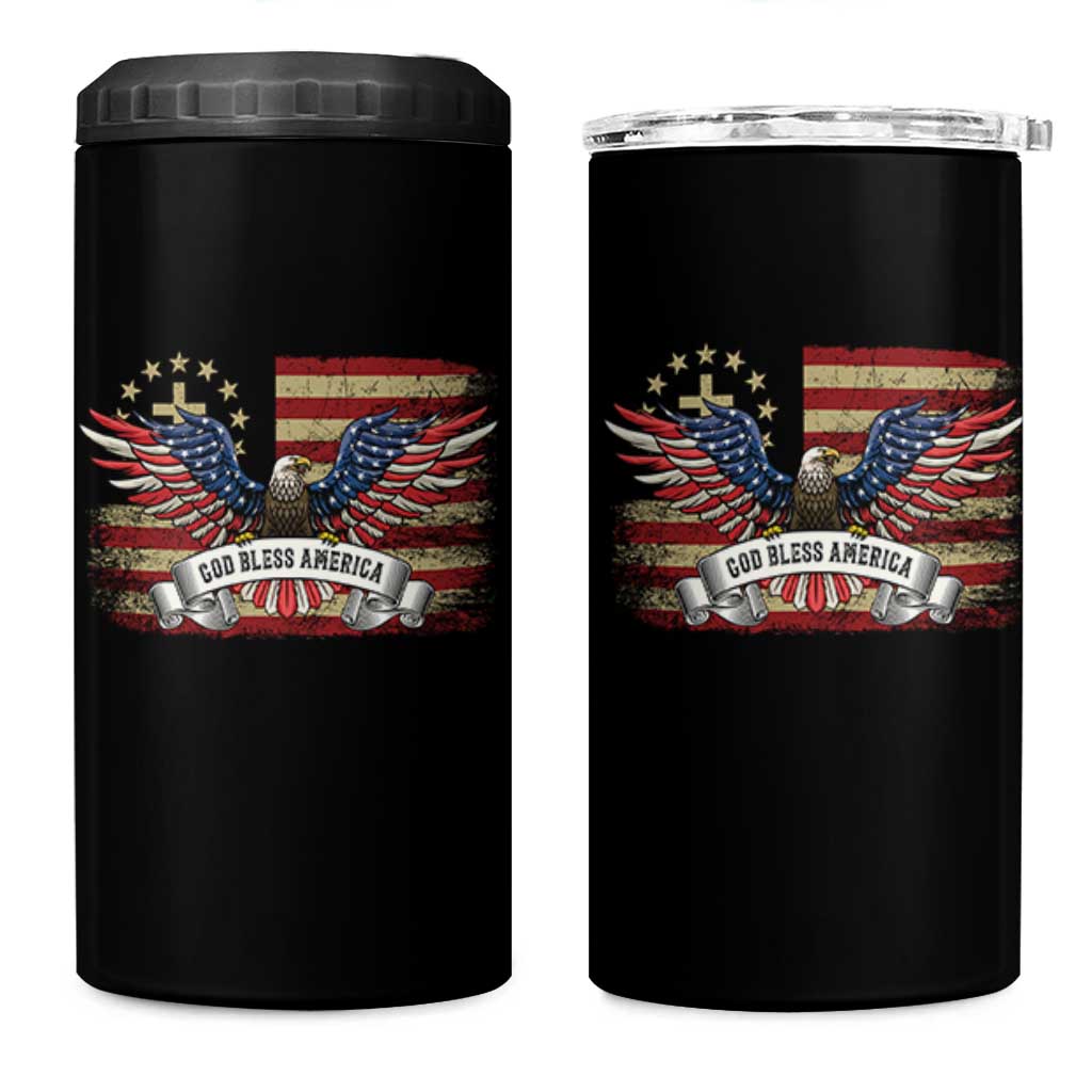 God Bless America 4 in 1 Can Cooler Tumbler Vintage Eagle Christian Cross Flag 4th Of July