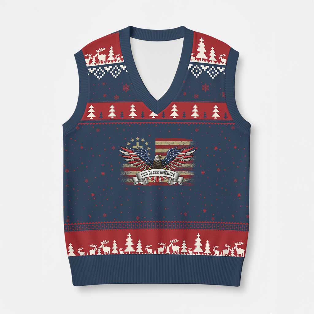 God Bless America V-Neck Knit Sweater Vest Vintage Eagle Christian Cross Flag 4th Of July