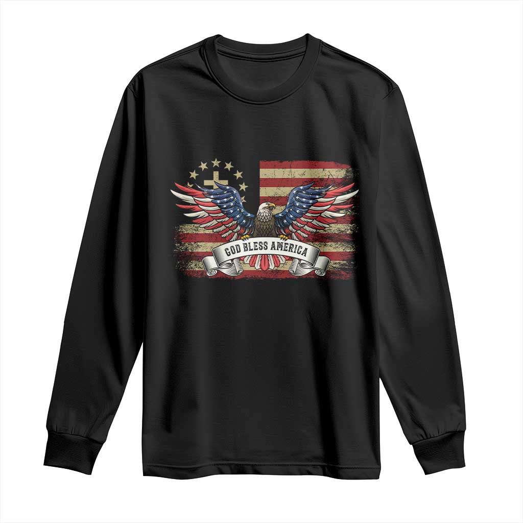 God Bless America Long Sleeve Shirt Vintage Eagle Christian Cross Flag 4th Of July