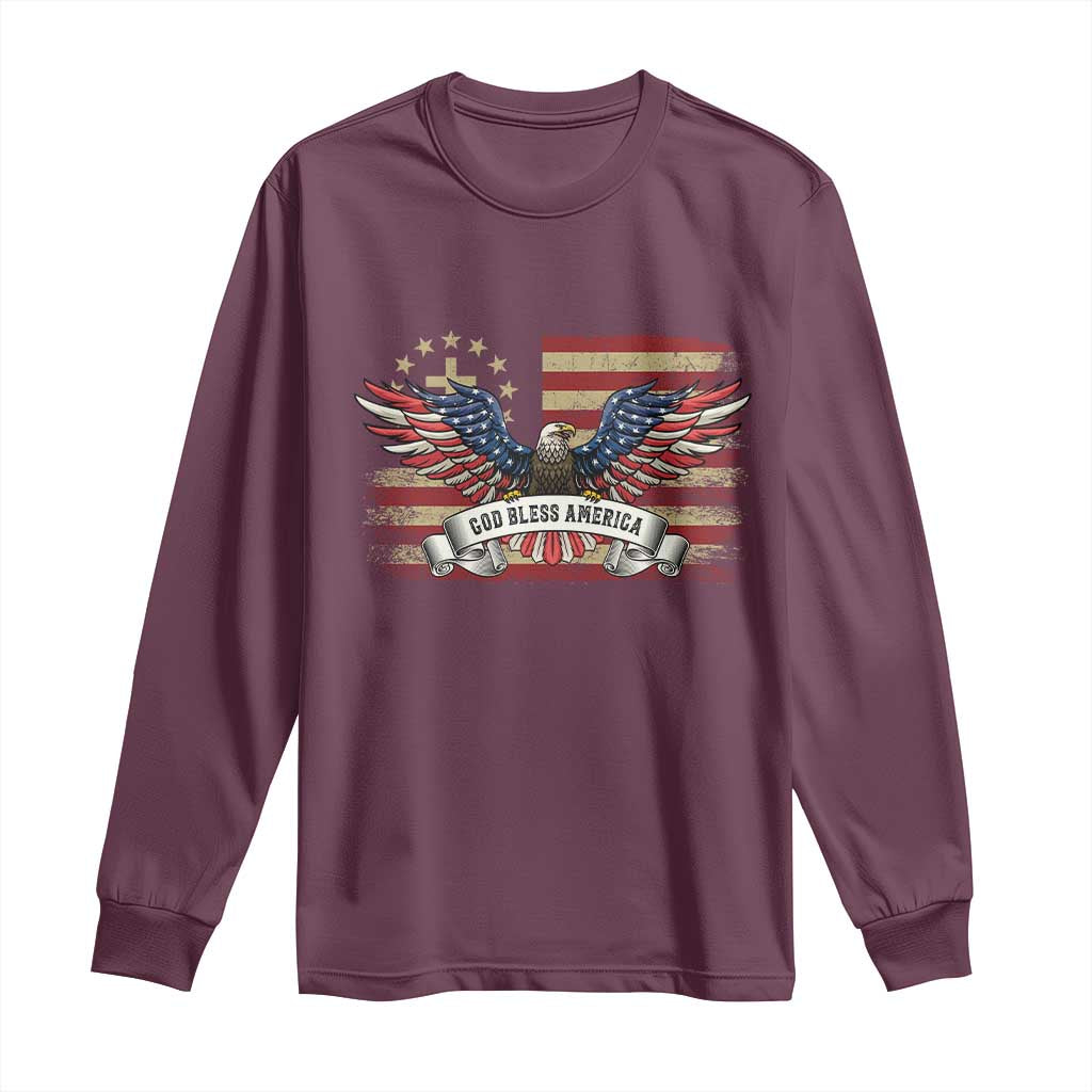 God Bless America Long Sleeve Shirt Vintage Eagle Christian Cross Flag 4th Of July