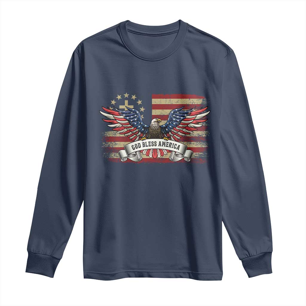 God Bless America Long Sleeve Shirt Vintage Eagle Christian Cross Flag 4th Of July