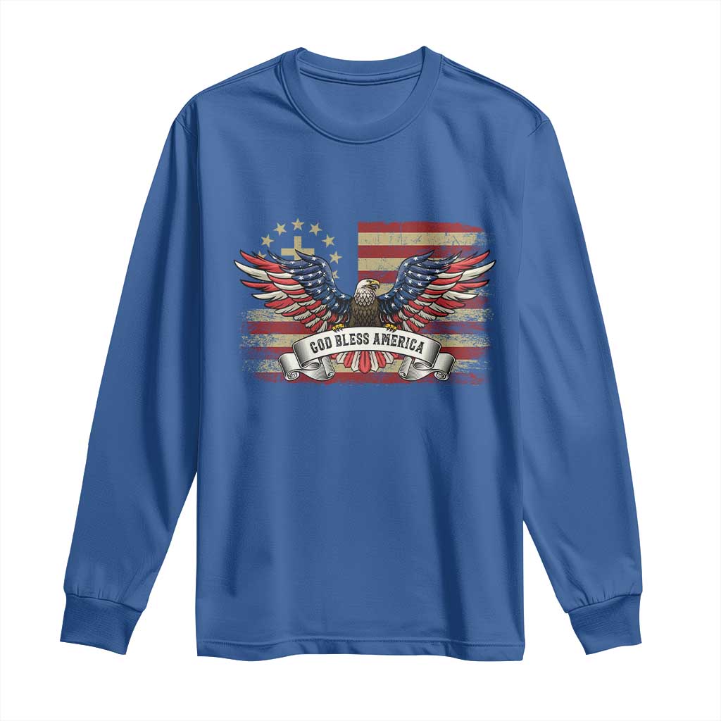 God Bless America Long Sleeve Shirt Vintage Eagle Christian Cross Flag 4th Of July