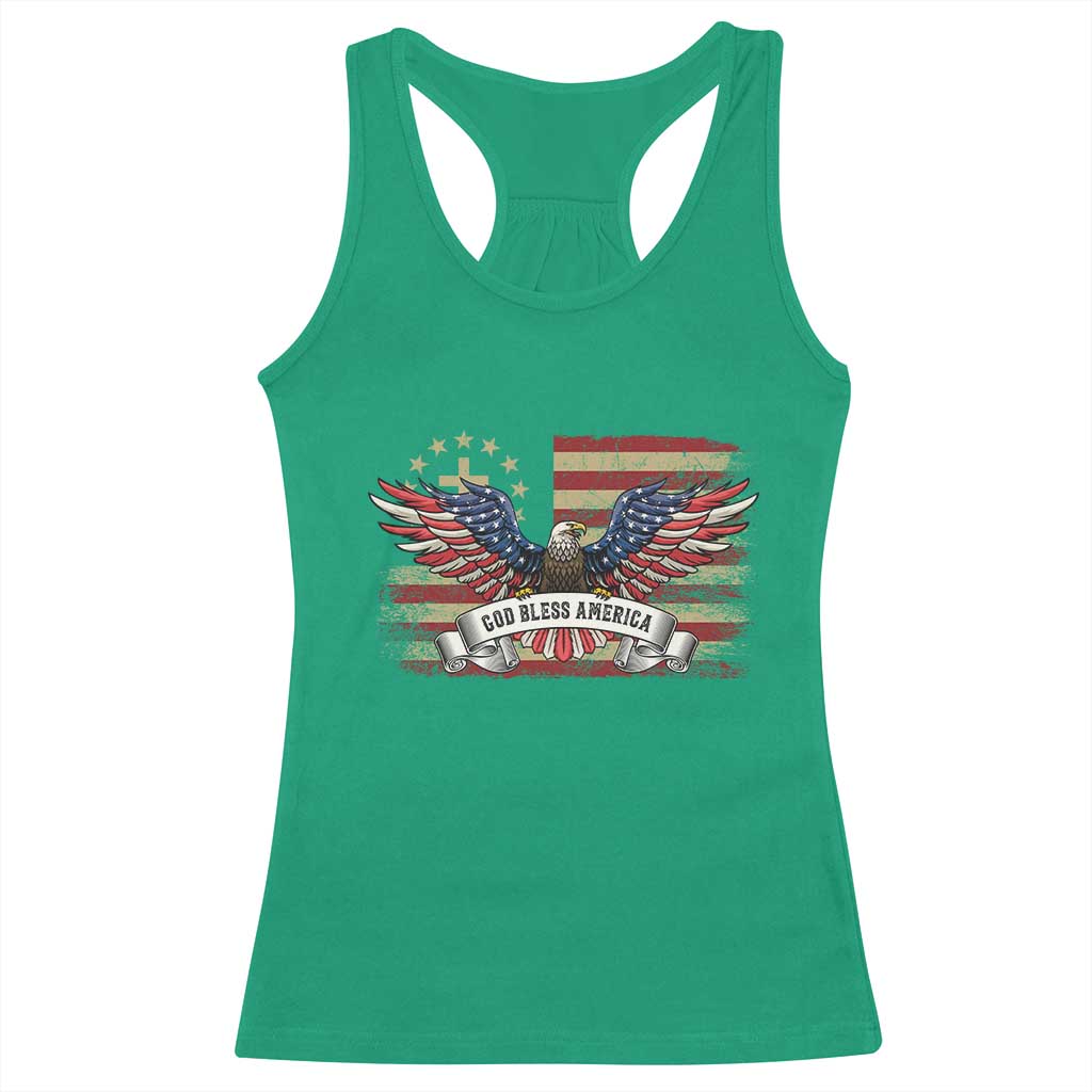 God Bless America Racerback Tank Top Vintage Eagle Christian Cross Flag 4th Of July