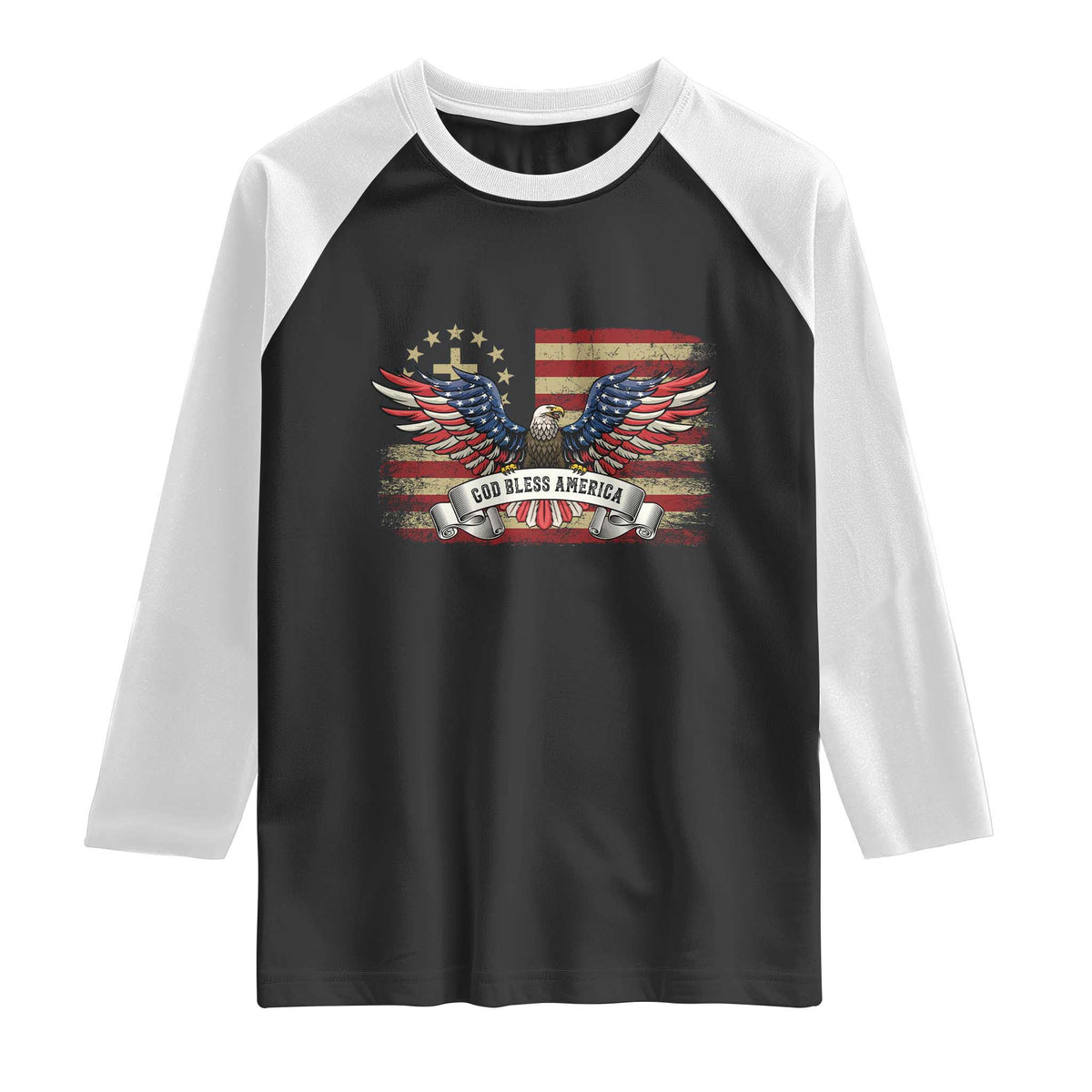 God Bless America Raglan Shirt Vintage Eagle Christian Cross Flag 4th Of July
