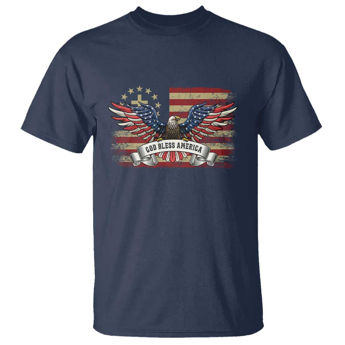 God Bless America T Shirt Vintage Eagle Christian Cross Flag 4th Of July