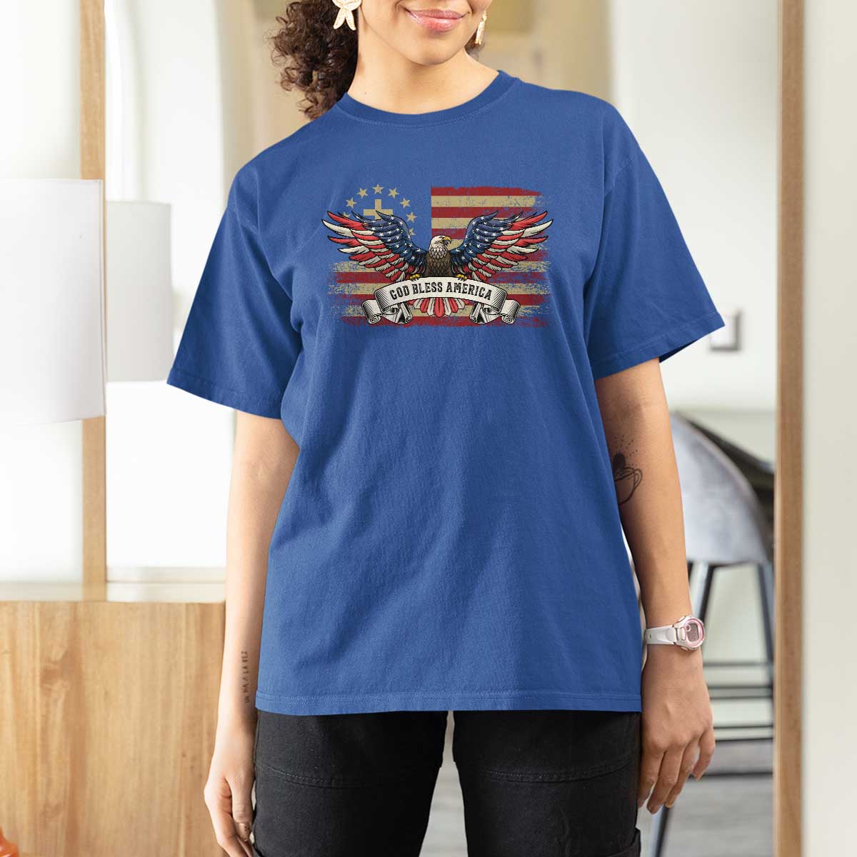 God Bless America T Shirt For Women Vintage Eagle Christian Cross Flag 4th Of July