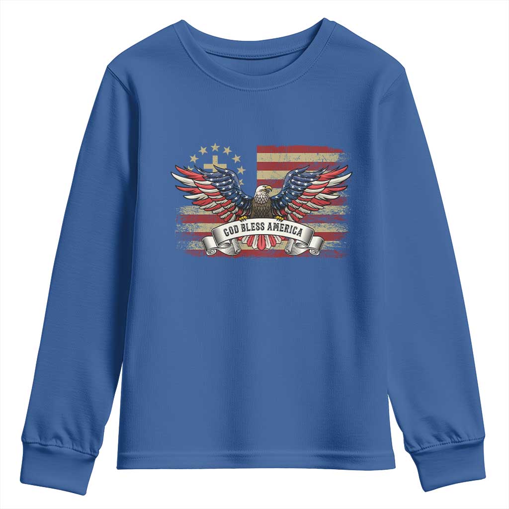 God Bless America Youth Sweatshirt Vintage Eagle Christian Cross Flag 4th Of July