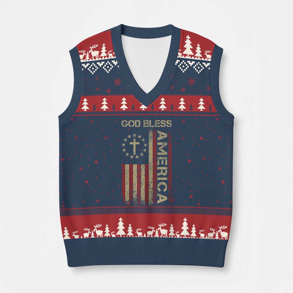 God Bless America V-Neck Knit Sweater Vest American Flag 4th Of July Patriotic Christian - Wonder Print Shop