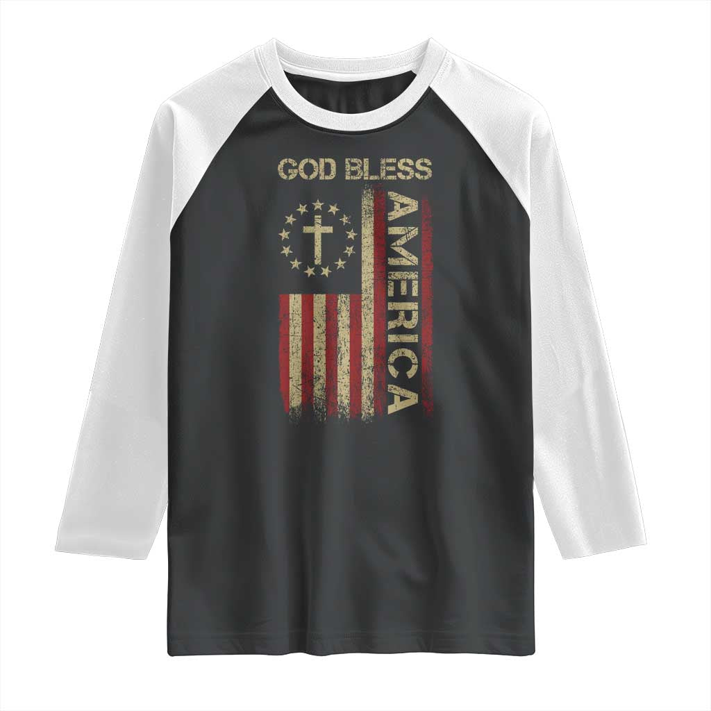 God Bless America Raglan Shirt American Flag 4th Of July Patriotic Christian - Wonder Print Shop