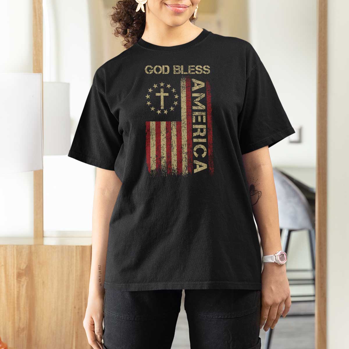 God Bless America T Shirt For Women American Flag 4th Of July Patriotic Christian - Wonder Print Shop