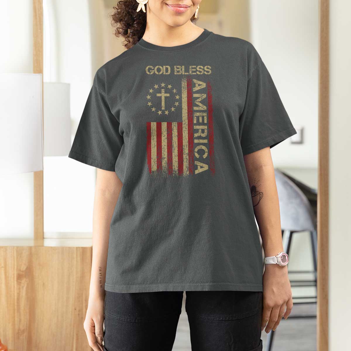 God Bless America T Shirt For Women American Flag 4th Of July Patriotic Christian - Wonder Print Shop