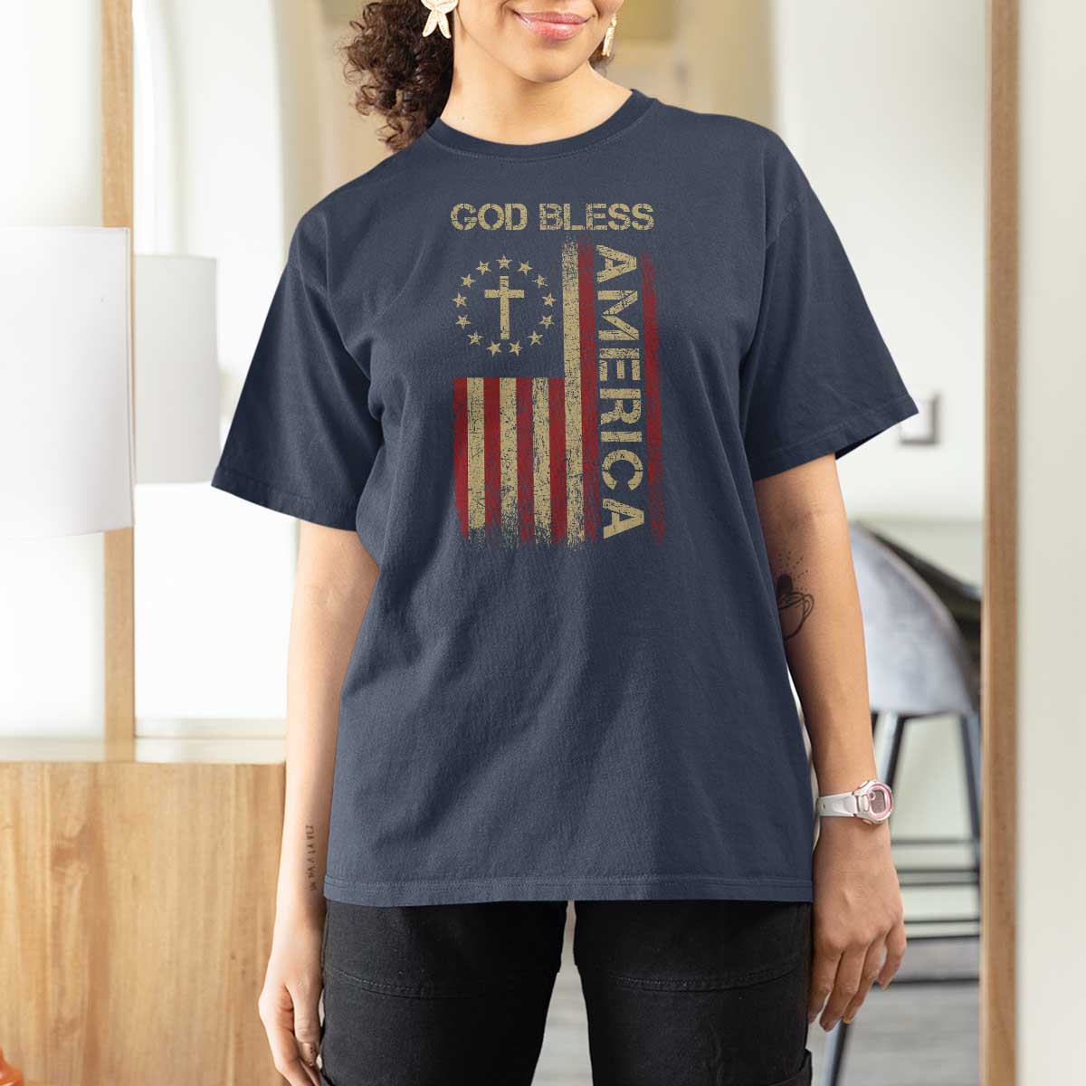 God Bless America T Shirt For Women American Flag 4th Of July Patriotic Christian - Wonder Print Shop