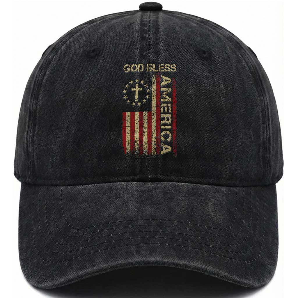 God Bless America Washed Cotton Baseball Cap American Flag 4th Of July Patriotic Christian