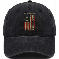 God Bless America Washed Cotton Baseball Cap American Flag 4th Of July Patriotic Christian