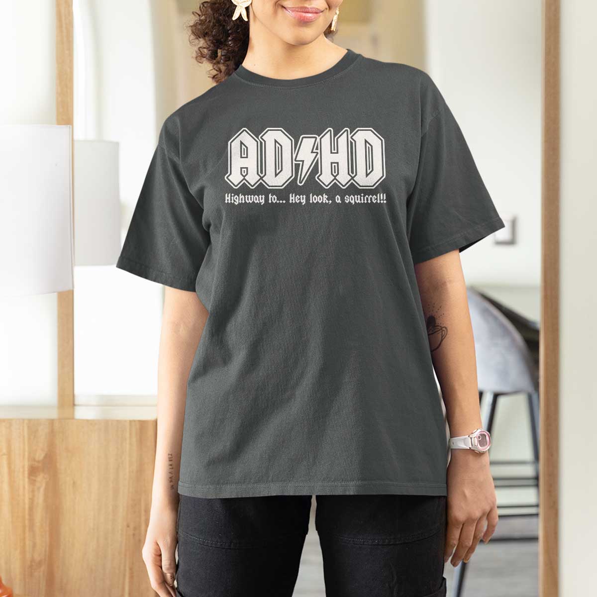 Funny ADHD T Shirt For Women Hey Look a Squirrel Rocks Graphic - Wonder Print Shop