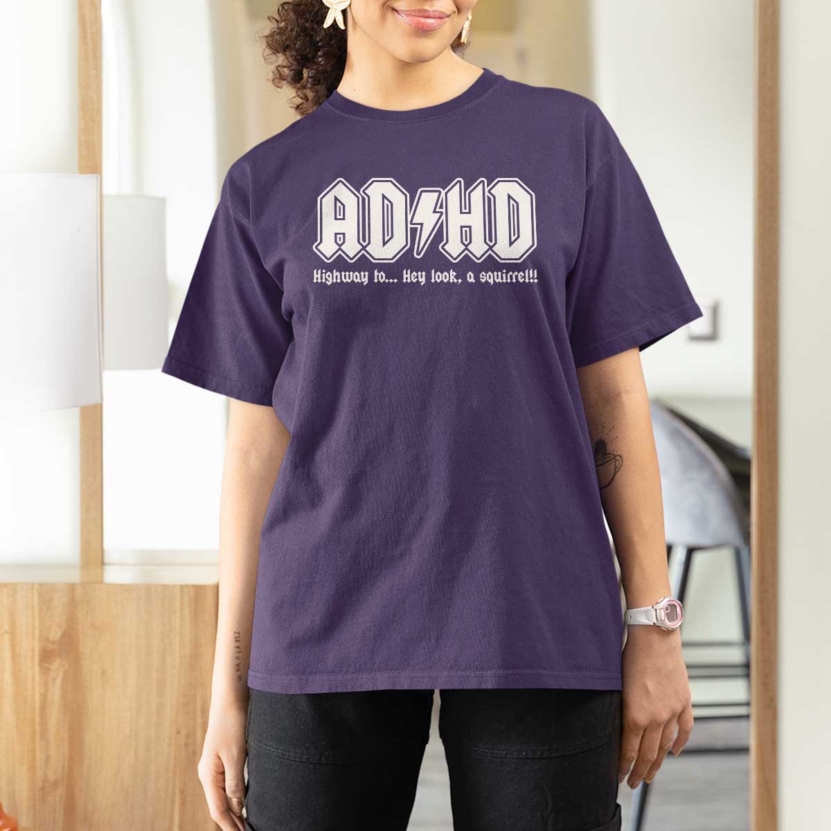 Funny ADHD T Shirt For Women Hey Look a Squirrel Rocks Graphic - Wonder Print Shop