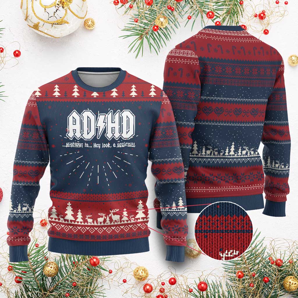 Funny ADHD Knitted Sweatshirt Hey Look a Squirrel Rocks Graphic - Wonder Print Shop