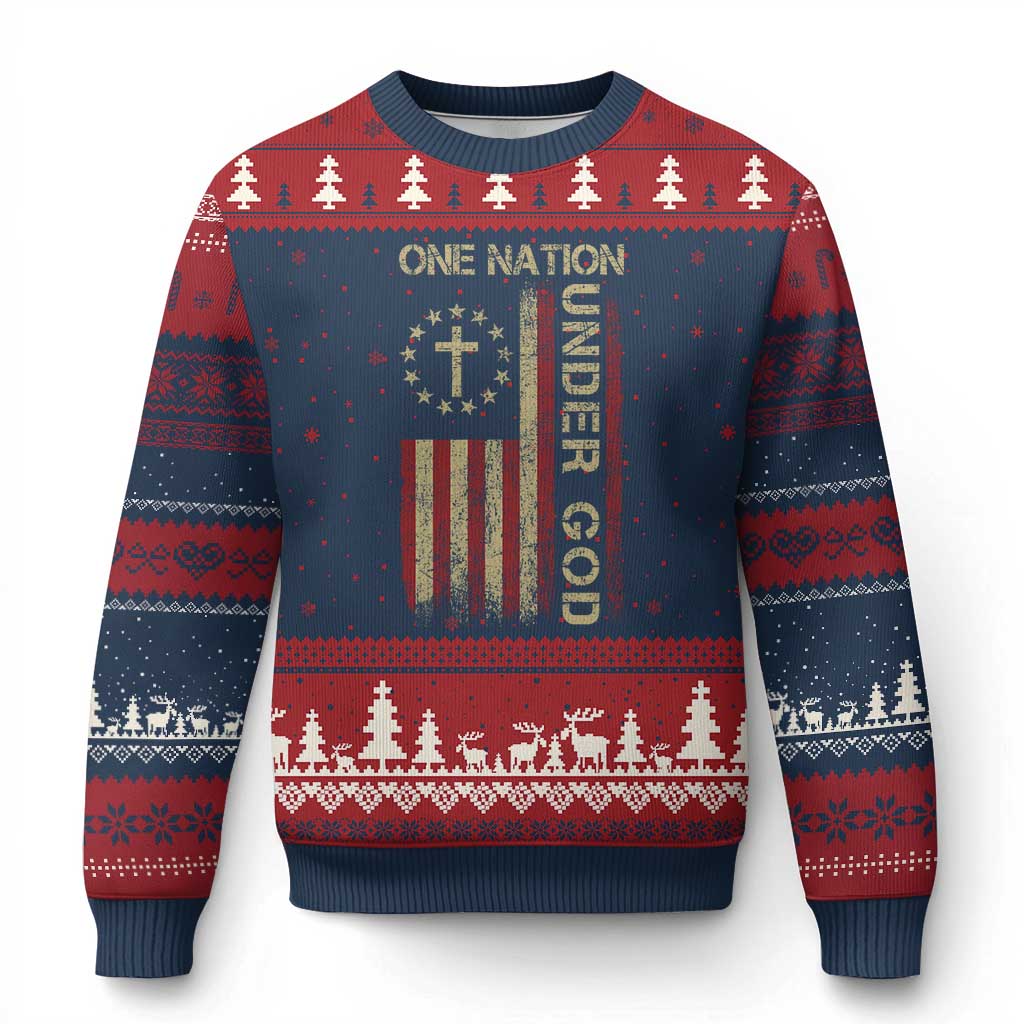 One Nation Under God Ugly Christmas Sweater American Flag 4th Of July Patriotic Christian - Wonder Print Shop