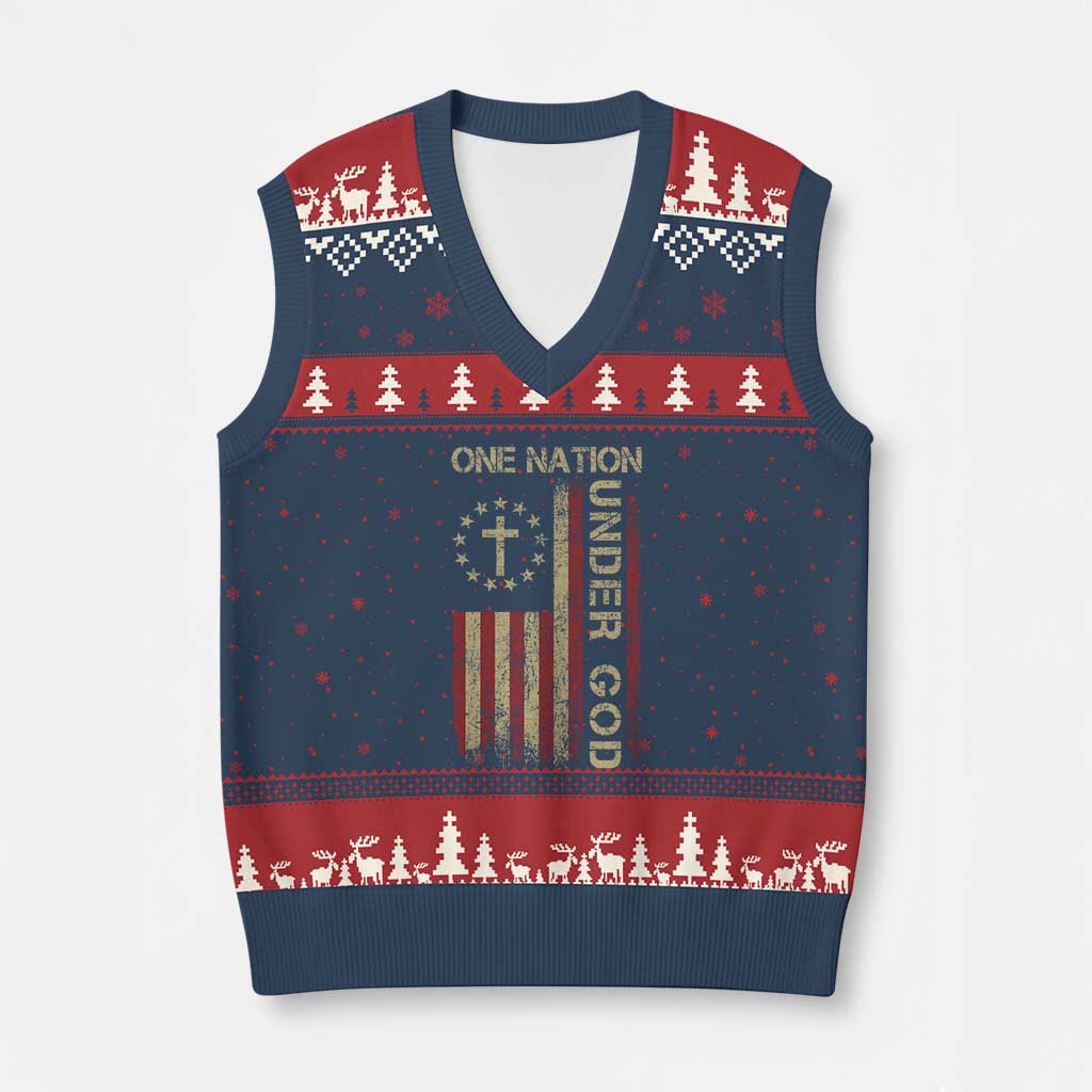 One Nation Under God V-Neck Knit Sweater Vest American Flag 4th Of July Patriotic Christian - Wonder Print Shop