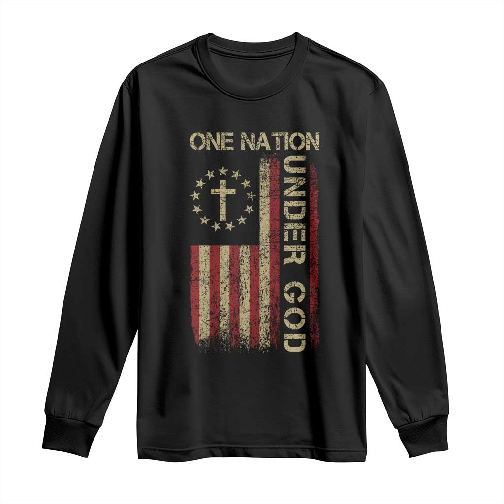 One Nation Under God Long Sleeve Shirt American Flag 4th Of July Patriotic Christian - Wonder Print Shop