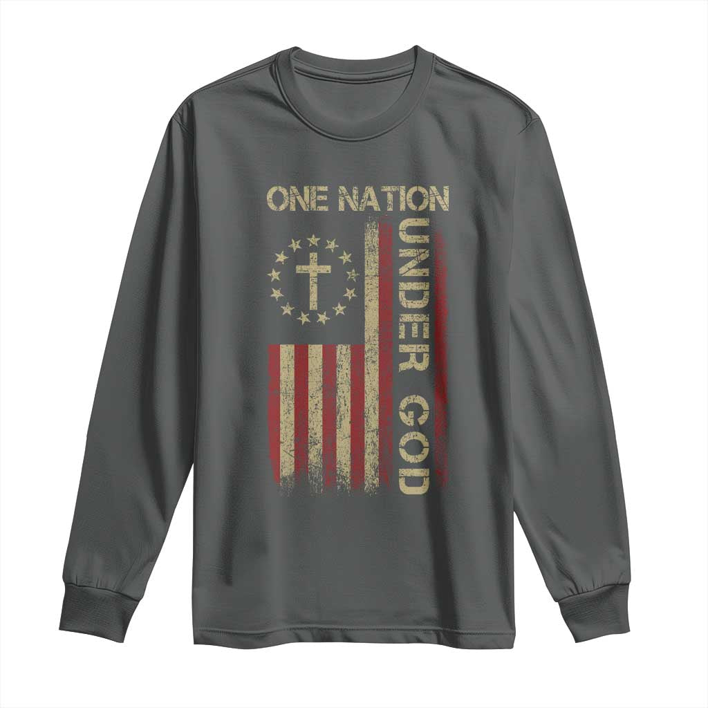 One Nation Under God Long Sleeve Shirt American Flag 4th Of July Patriotic Christian - Wonder Print Shop