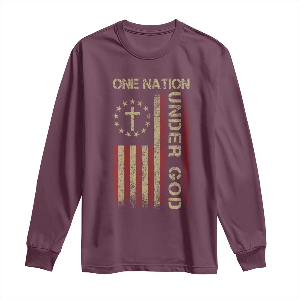 One Nation Under God Long Sleeve Shirt American Flag 4th Of July Patriotic Christian - Wonder Print Shop