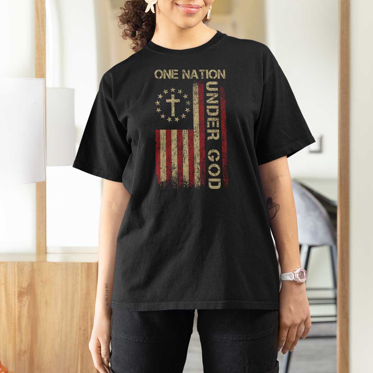 One Nation Under God T Shirt For Women American Flag 4th Of July Patriotic Christian - Wonder Print Shop