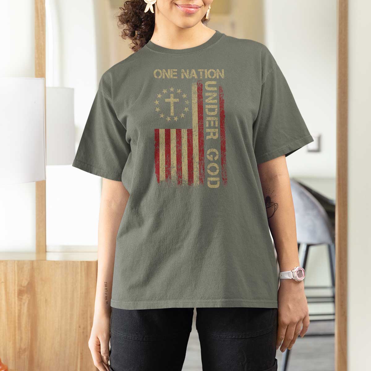 One Nation Under God T Shirt For Women American Flag 4th Of July Patriotic Christian - Wonder Print Shop
