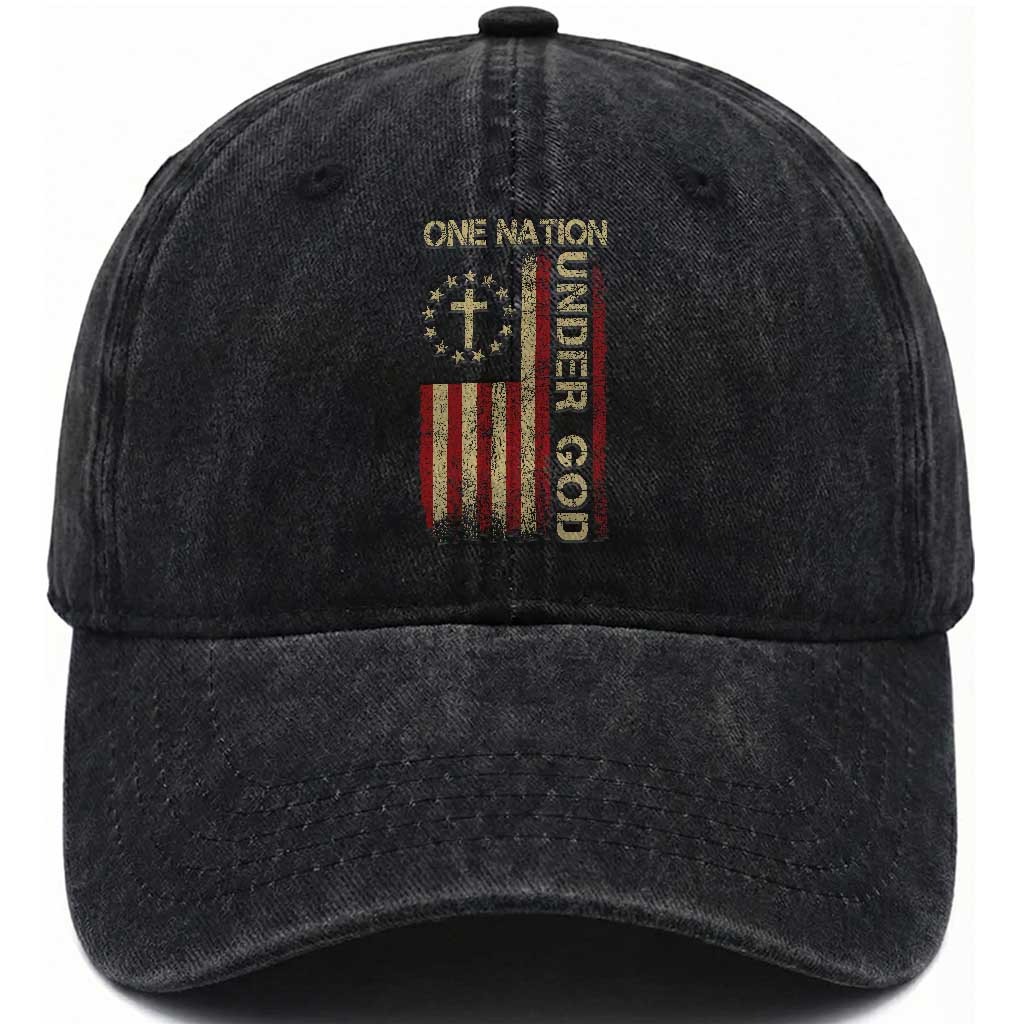 One Nation Under God Washed Cotton Baseball Cap American Flag 4th Of July Patriotic Christian