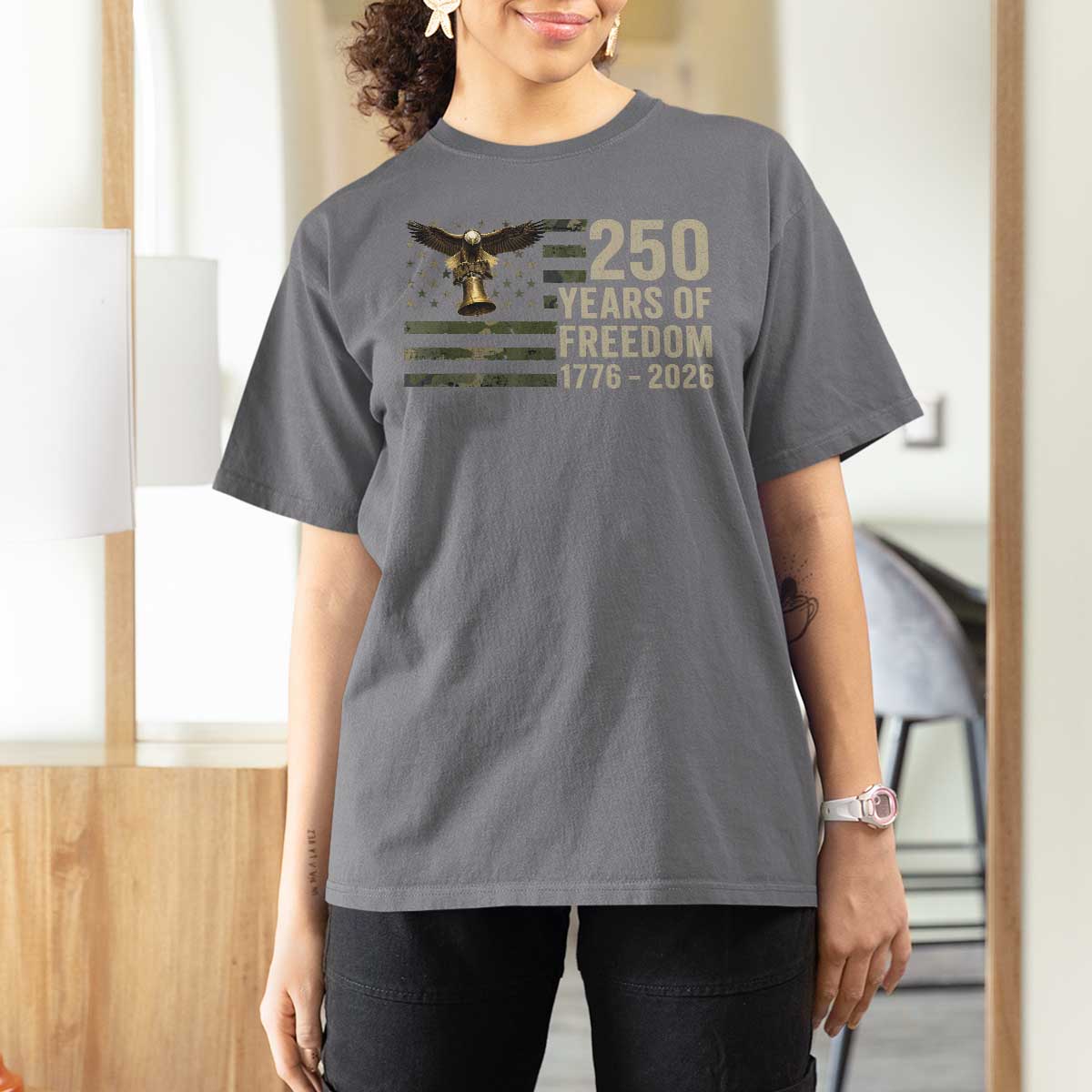 250th Anniversary T Shirt For Women 1776 2026 250 Years Birthday Patriotic Camouflage USA Flag